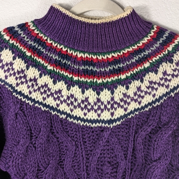 Vintage Fair Isle Purple Cable Knit Sweater 80s Nordic Cottagecore Cozy - Picture 8 of 12